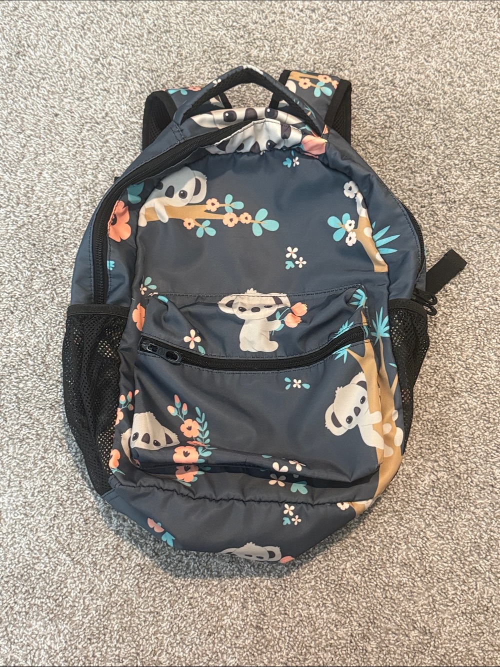 Kids Koala Print Backpack - Gray with Pastel Accents
